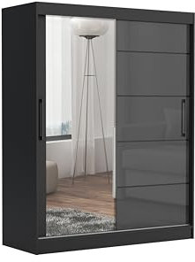 Brent - Kleiderschrank mit Spiegel und Schubladen 160cm Breit Chelsea Tomy, Schwebetürenschrank mit Spiegel, Schlafzimmerschrank, Kleiderschrank Schwarz Matt/Anthrazit Hochglanz