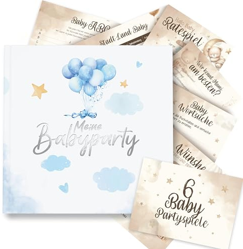 colortouch Gästebuch Babyparty mit Babyshower Spiele 50 Karten, 6 witzige Ratespiel Set für Babyparty zum Ausfüllen, Baby Shower Partyspiele Geschenk Junge & Mädchen, Fotoalbum zum selbstgestalten