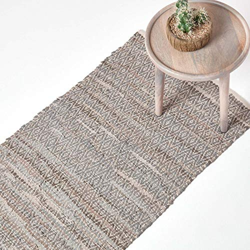 HOMESCAPES Grey Genuine Leather Hall Runner Handwoven Herringbone Design Recycled Eco Friendly Real Leather Rug, 66 x 200 cm