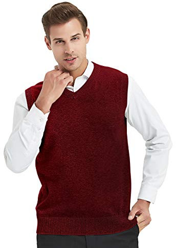 TopTie Chaleco de suéter Liso de Color sólido de Negocios para Hombre, Jerséis Sin Mangas de Ajuste de algodón, Chaleco con Cuello en V para Hombre