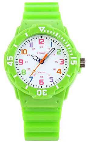 FeiWen Kinder Cartoon Uhren Drehbar Mehrfarbig Plastik Wählscheiben mit Kautschuk Band 50M Waterproof Analog Quarz Armbanduhren, Grün