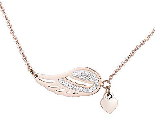 Morella Damen Halskette Engelsflügel Herz mit Flügel Anhänger Zirkoniasteine Edelstahl Rosegold im Samtbeutel