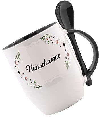 Crealuxe Löffeltasse 'Wunschname Namenstasse Name Floral' personalisiert, Kaffeetasse mit Motiv, Bürotasse