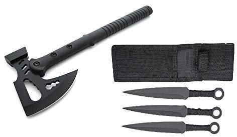 Survival Set Tomahawk + Wurfmesser Expendables Kunai - Throwing Knife - schnelles Werfen Messer schwarz Edelstahl - Trainingsmesser - Gürtelmesser - Hunting Knife - axt mit Holster aus Nylon, schwarz