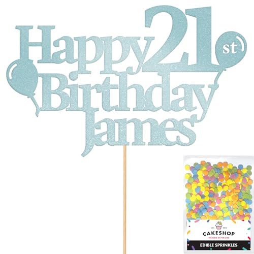 Personalised Happy Birthday Glitter Cake Topper Balloons - Light Blue Any Name Age Glitter Cake Decoration and Sprinkles - Happy Birthday Decorations - Personalised Toppers for Cakes by Cakeshop