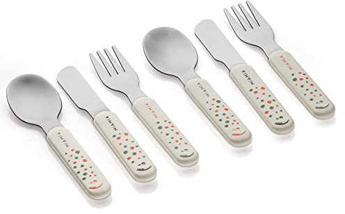 MiaMia Kinder und Baby Besteck Set - sicheres, geprüftes und lebensmittelechts Babybesteck aus Edelstahl mit handlichen Griffen - Creme Weiß (ab 18 Monate (6 Teile))