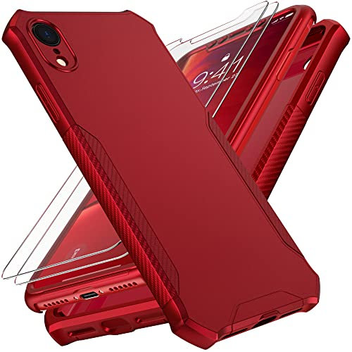 ORETECH Handyhülle für iPhone XR Hülle, mit [2X Displayschutzfolie][Eingebauter Kameraschutz] 360 Grad Stoßfest Kratzfest Militärschutz Handyhülle TPU Silikon Schutzhülle Case für iPhone XR 6.1, Rot