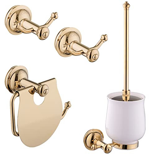 PaulGurkes Accessoire Set Gold WC-Papierhalter Handtuchhaken WC-Bürste Retro Handtuchhalter Klorollenhalter Klobürste Nostalgie Antik Badezimmer Zubehör Halterung für Handtücher Vintage