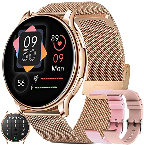 Smartwatch Damen mit Telefonfunktion 1.32 Zoll HD, Armbanduhr SpO2 Pulsmesser Schlafmonitor Menstruationszyklus Schrittzähler Musikplayer Fitness Tracker Android iOS,Geschenke für Frauen (Gold)