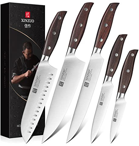 XINZUO Kitchen Knife Set, Professional Chef Knife Set with German Stainless Steel, 5 Pcs Set of Kitchen Knives for Chefs&Home Cooking, Ultra Sharp, Red Sandalwood Handle