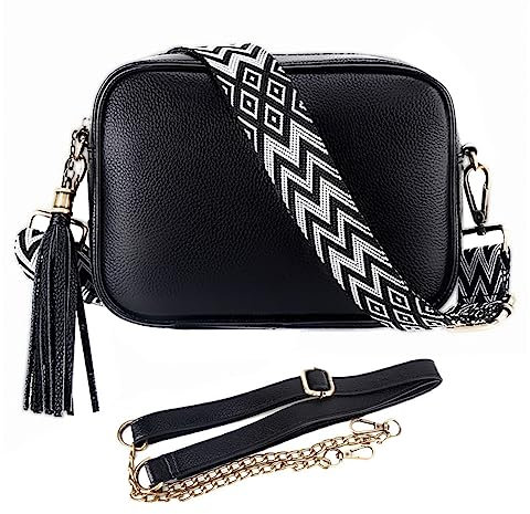 Leathario Crossbody Bag Damen Klein Umhängetasche Echtleder Crossbag Schultertasche Schwarz zur Arbeit Shopping Freizeit