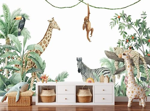Fototapete 3D Tapete Tiere Dschungel Kinderzimmer Jungen Mädchen Fototapete 3D Effekt Wandtapete Vliestapete Wandbilder XXL Wanddeko Tapeten