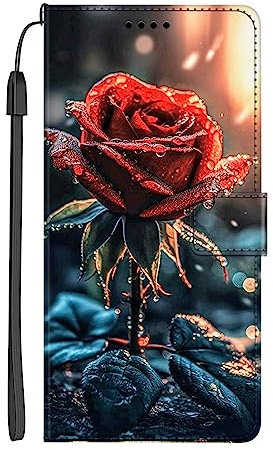 EuoDuo Kompatibel mit Samsung Galaxy S21 Ultra Hülle zum Klappen Handyhülle PU Leder Handytasche mit Blüte Motiv Magnet Kartenfach Tasche Flip Cover Etui Schutzhülle - Rote Rose