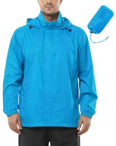 Outdoor Ventures Veste imperméable légère pour homme - Veste de pluie pliable respirante et coupe-vent - Veste de randonnée réglable, Bleu ciel, S