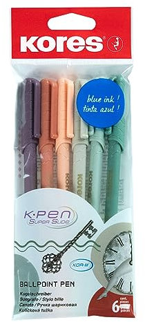 Kores - K0R-M: Kugelschreiber mit blauer Semi-Gel-Tinte im Vintage-Design, 1 mm Schriftbreite für softes Schreiben, dreieckige ergonomische Form, Schul- und Bürobedarf, 6 Stück