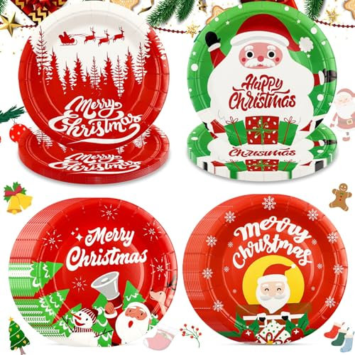 Bikasun Weihnachten Partygeschirr Set, Weihnachten Party Deko Weihnachts Pappteller, Weihnachts-Elch Schneeflocken Weihnachtsmann, Severs 40 Gäste, Party Partygeschirr