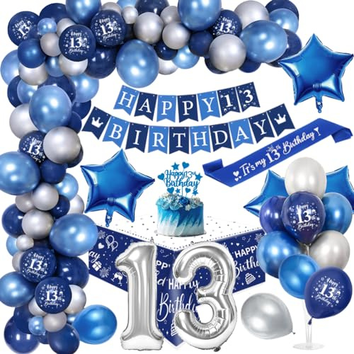 13. Geburtstagdeko Junge, 13 Jahre Blau Silber Balloon Arch Kit mit Happy Birthday Banner, Cake Topper, Tischdecke, Geburtstag Sash, Große Anzahl 13 Ballon, Chrom Blau Silber Luftballons