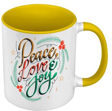 Tasse, Farbe Premium-Qualität, Gelb – Peace Love and Joy Noel Stechpalme Celebration Tanne – Tasse mit Henkel und farbigem Innenfutter