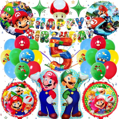 Super Mari Geburtstag Deko 5 Jahre, Frotox 32 Stück Super Mari Dekoration Geburtstag Mädchen Junge, Mari Geburtstagsdeko Set, Mari Geburtstagsfeier Thema Dekoration mit Super Mari Luftballon Banner