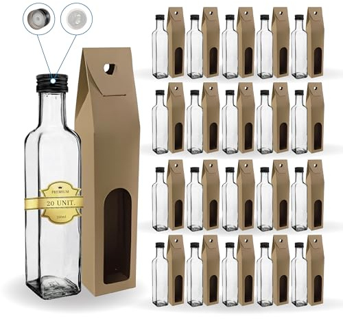 Set 20 Bottiglie di Vetro 250 ml con Tappo Nero e Beccuccio Versatore + 20 Scatole – Oliera Regalo per Olio, Aceto e Salse | Espirito Rebelde