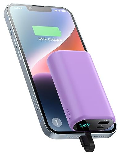 HETP Power Bank 10800mAh, Ultra Compatto Caricabatteria Portatile con Cavo Integrato, 15W PD 3A Caricatore Portatile con LED Display, 3 Uscite Powerbank per iPhone 14,13,12,11,XS,XR,X,8,7 ecc (Viola)
