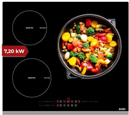 Svan Placa de Inducción Cristal negro SI3600SB. Potencia máx. 7200 W, 3 Zonas de Cocción, 9 Niveles de Cocción, Control Slider táctil, Función Turbo, Bloqueo y Autodesconexión de Seguridad