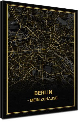 LANA KK - Stilvolle, Stadtkarte BERLIN Leinwandbild, deutsch beschriftet - Koordinaten Straßenkarte Stadtplan als Wandbild Landkarte XXL geometrisch (Berlin - Noir, 60 x 80 cm)