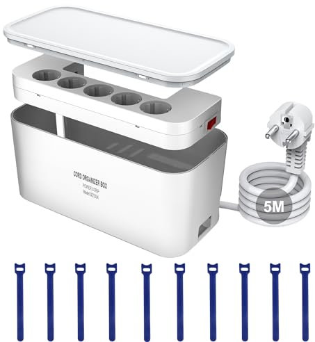 5M USB Steckdosenleiste mit Kabelbox,5Fach Mehrfachsteckdose Überspannungsschutz mit Schalter und 3USB Ladeanschlüsse, Kabelbox WeiB Schreibtisch mit Steckdosenadapter,29.5 * 14 * 14CM, 5M Kabel