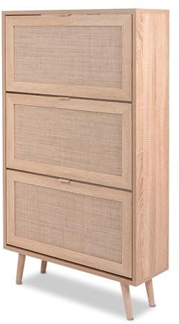 KHG Schuhkipper hell-braun mit 3 Türen modern Eiche-Optik, Schuhregal aus Holzwerkstoff Rattan-Optik, Gestell aus Massivholz - 70 x 125 x 24 cm (B/H/T)