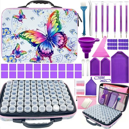 Nalangchen 5D Diamant Painting Werkzeug Set Butterfly Container Case, 70 Diamond Painting Aufbewahrungsbox,Werkzeug Set mit Stift Trichter Stickers,Für Nägel,Strass,Perlen,DIY Handwerk