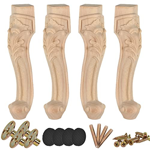 Btowin VCF 50 cm Holz-Möbelbeine, 4 Stück, Massivholz, geschnitzte Geometrie, Sofa-Beine, unlackiert, DIY-Ersatzfüße mit Montageplatte und Schrauben für Sofa, Schrank, Couch, Tisch, TV-Ständer