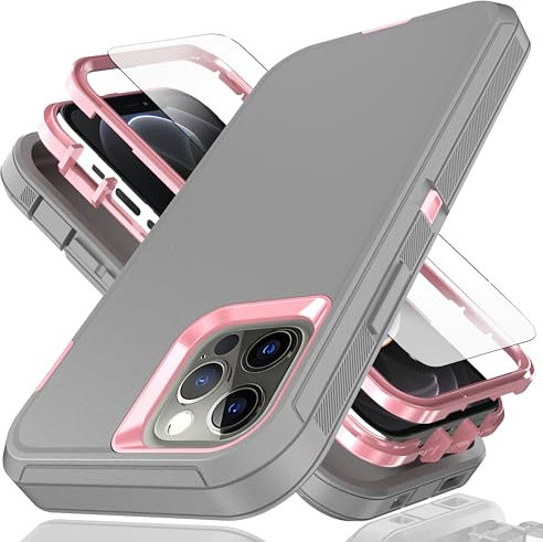 YmhxcY for iPhone 12 Case iPhone 12 Pro Case 6.1-Inch with Explosion-Proof Screen Protector,3 in 1 Shockproof TPU Hard PC Bumper Drop-Proof Shell for iPhone 12/iPhone 12 Pro-Gray/Pink