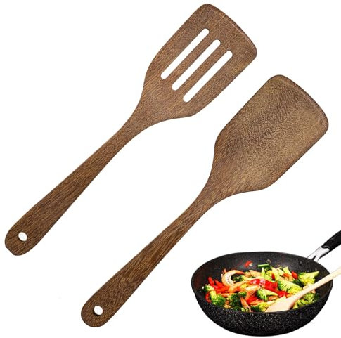 Espátula de Cocina de Madera, Wood Espátulas, Espátulas Ranuradas de Madera Maciza, 2PC Espátula de Madera, Espátula de Madera para Cocinar, Espátulas de Madera Natural, Utensilios de Cocina