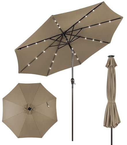 KOMFOTTEU Sonnenschirm 300 cm mit LED, Gartenschirm knickbar, Terrassenschirm mit Kurbel & 8 Rippen & Sonnenschutz, Marktschirm Ampelschirm für Garten, Balkon (Braun)