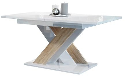Compleo24 Esstisch Louis Esszimmertisch, ausziehbar 140-180 cm, Modern Esszimmer (Weiß Hochglanz + Sonoma)