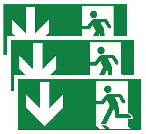Movilideas 3 unidades de salida de emergencia a Abajo (bajar) PVC adhesivo resistente para exterior e interior (29 x 13 cm) Pegatina Adhesiva