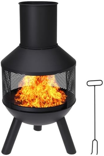 idooka Metal Fire Chiminea for Garden, Black - Includes Flue and Poker - Stable Tripod Design - Fire Resistant to 600 Degrees Celsius - Diameter 370mm x Height 760mm