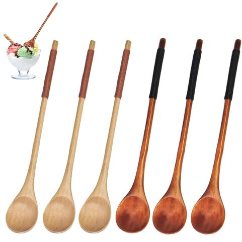 Cuchara de madera natural, cuchara de café multifuncional de mango largo, para accesorios de cocina de cuchara de mezcla de sopa de miel de té (6)