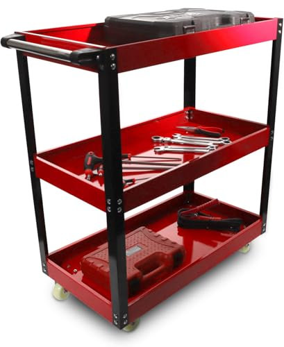 Roog Performance Werkstattwagen 3-stufig, robuster Werkzeugwagen mit Rollen, Werkzeugablage für Garage & Werkstatt, mobiler Metallwagen, Stabiler Werkzeugkarren mit Griff 3 Etagen Ebenen