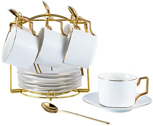 RAABYU Juego de té Juego de Taza de café Juego de Taza de té Juego de Taza de té Tazas de té y platillos con Soporte de Metal Juego de té y café de cerámica Simple con