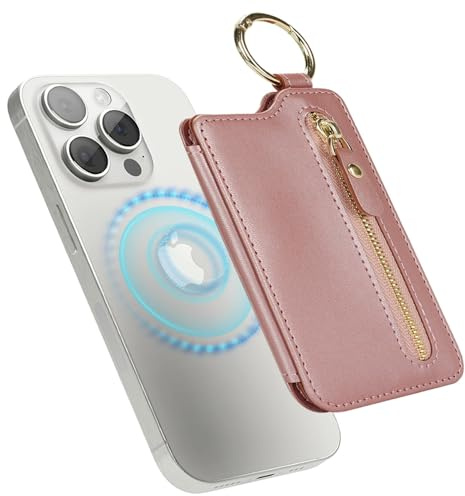 Zouzt für MagSafe Wallet, Magnetischer Handy Kartenhalter, Rosa | Reißverschluss, Zipper Wallet mit verstellbarem Ständer, Ring Schlüsselanhänger for iPhone 16 Pro Max/16e/16/15/14/13/12