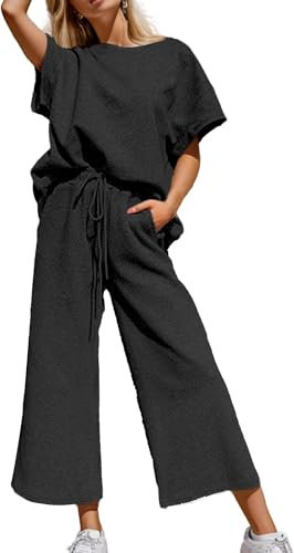 BUNSLOOM Damen 2 Teiliges Set Sweatsuit Kurzarm Oberteil Tunnelzug Hose Cropped Weites Bein Loungewear Set