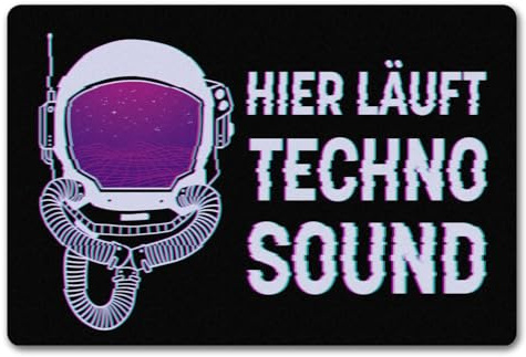 speecheese Hier läuft Techno Sound Fußmatte in 40x60 cm ohne Rand mit Astronautenhelm für Raver Fußabstreifer mit Astronautenmotiv für Technofans und echte Raver die Sich gerne von tiefen