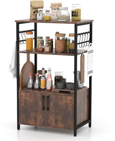 GOPLUS Étagère de Rangement Cuisine à 3 Niveaux avec Armoire, Armoire de Rangement Industriel avec Etagères Ouvertes & 10 Crochets, Support à Micro-Ondes pour Cuisine, Salon, Marron