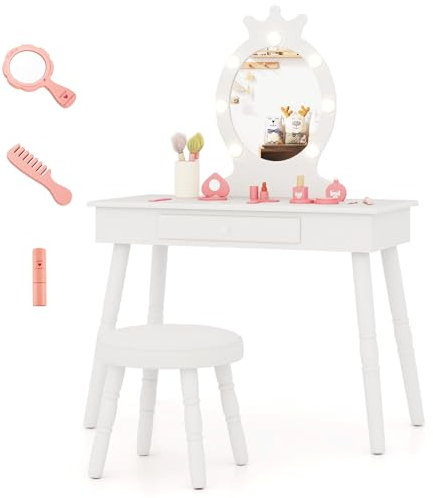 COSTWAY Schminktisch Kinder mit Beleuchtung, 2 in 1Frisiertisch Prinzessin mit abnehmbarem Spiegel & Schublade, Schminkkommde Holz mit Hocker, Kosmetiktisch Mädchen für Kinder von 3-7 Jahren (Weiß)