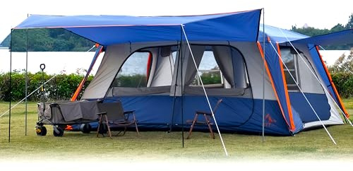 KTT Extra großes Zelt für 12 Personen, Familien-Kabinenzelt, Markise, 2 Zimmer, 4 Türen und 4 Fenster mit Netz, gerade Wand, wasserdicht, doppellagig, großes Zelt für Outdoor, Picknick, Camping