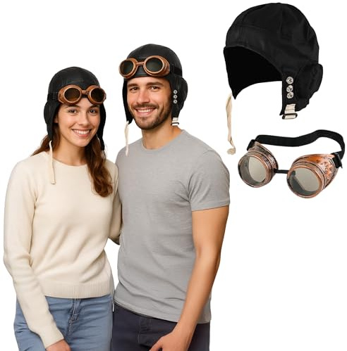 FNA FASHIONS® Pilotenbrille mit schwarzem Biggles-Hut, Pilotenbrille, Pilotenbrille, Opas tolles Fluchtkostüm-Set (Hut und Brille)