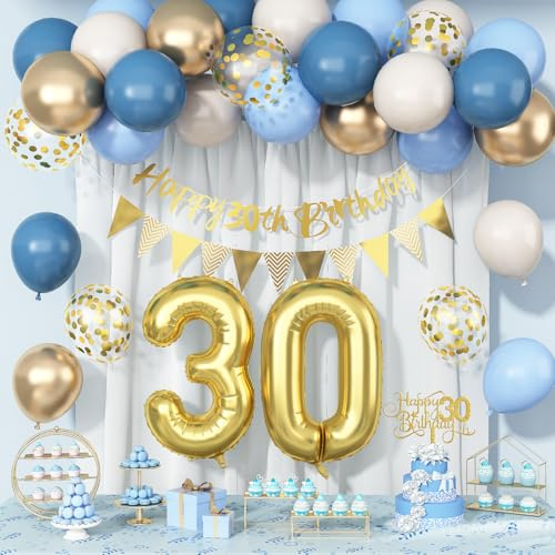 Dekoration zum 30. Geburtstag, für Jungen, Männer, Mädchen, goldblau, Happy 30th Birthday-Banner, hellgold, Zahl 30, Folienballons, Hintergrund und Tortenaufsatz, 30 Jahre altes HBD-Partyzubehör