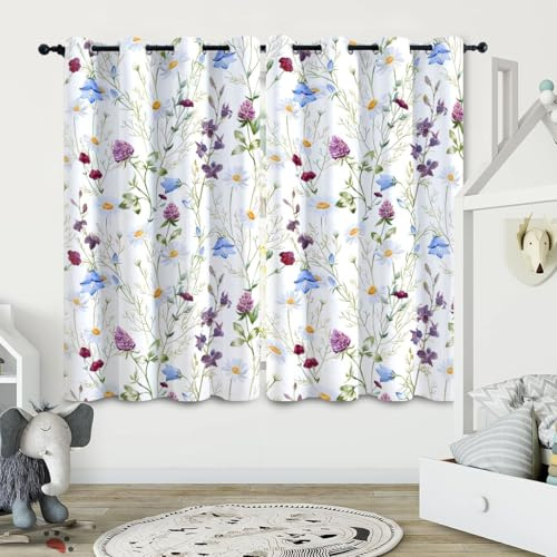 ZZTBQ Aquarell Blumen Verdunkelungsvorhang Kurz Ösenschal Blumen Pflanzen Floral2er Set H 145 x B 140 cm Fenster Vorhänge Bunte Blumen Kurz Blickdichte Gardinen für Schlafzimmer Thermo Vorhänge