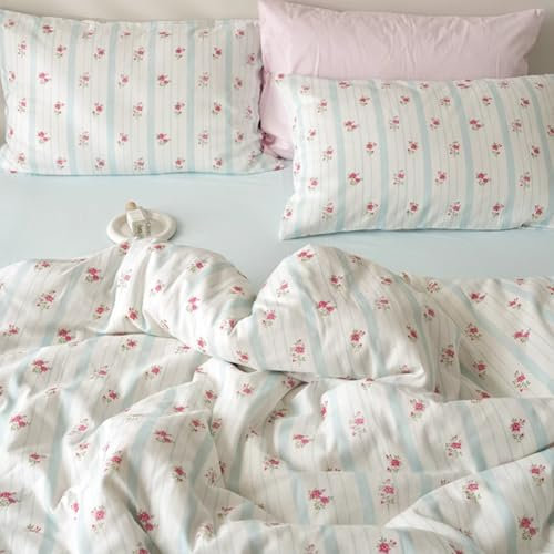AShanlan Bettwäsche 220x240 Rosa Blumen Bettwäsche-Sets Blau Weiß Gestreift Bettbezug und 2 Kissenbezug 80x80 cm Weiche Microfaser Aesthetic Bettwäsche mit Reißverschluss